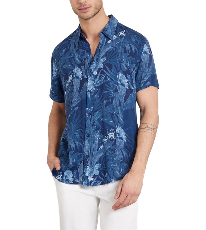 Men's Blue Viscose Printed Slim Fit Spread Collar Short Sleeve Shirt