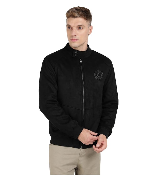 Jet Black Polyester Blend Solid Harrington Jacket