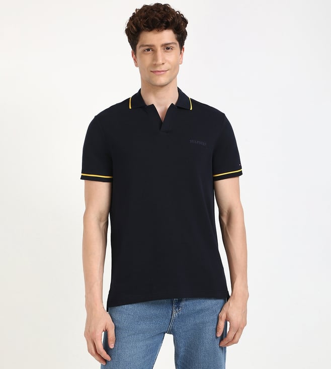 Navy Cotton Regular Fit Solid Polo T-Shirt