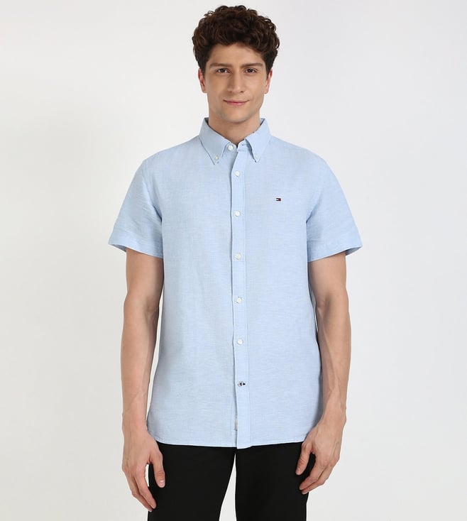 Blue Linen Blend Regular Fit Solid Shirt