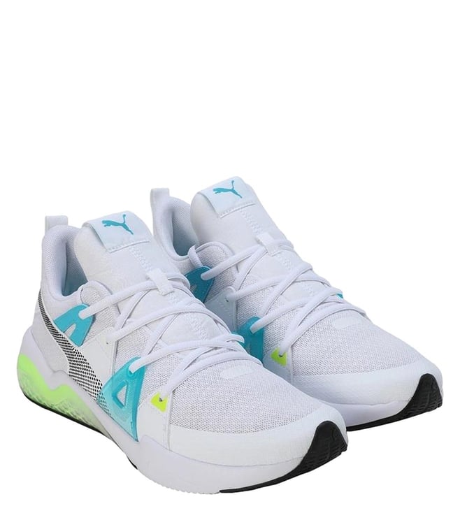 PUMA - Men's White, Scuba Blue & Yellow Alert Cell Fraction Fade Res Running Shoes