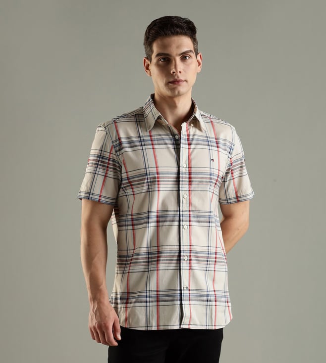 U.S Collection Beige Cotton Regular Fit Check Casual Shirt