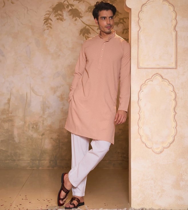 HOUSE OF CHIKANKARI - Peach Dobby Regular Fit Long Kurta