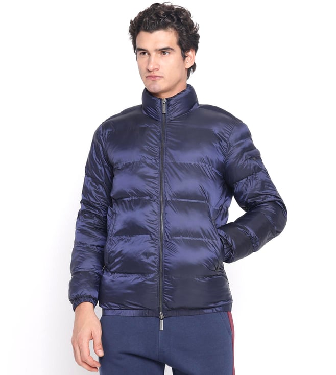 Dark Blue Quilted Mock Neck Full Sleeve Puffer Jacket