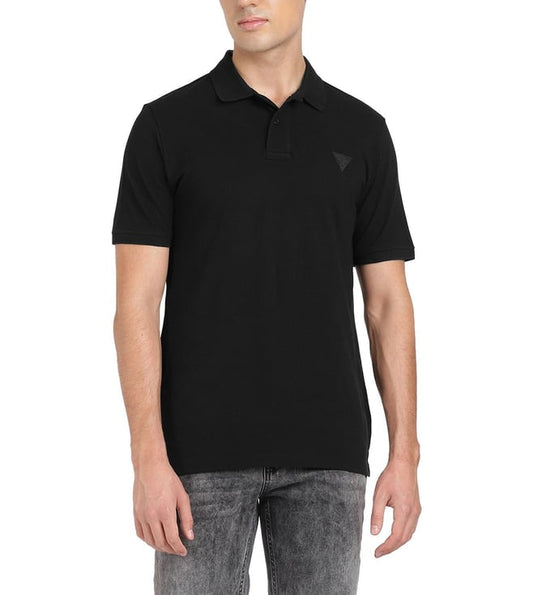 Men's Black Cotton Solid Regular Fit Spread Collar Short Sleeve Polo T-Shirt
