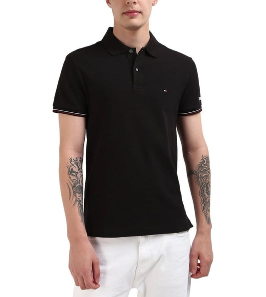 Black Cotton Solid Men Slim Fit Polo T-Shirt