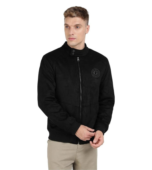 Jet Black Polyester Blend Solid Harrington Jacket