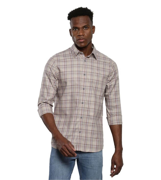 CALVIN KLEIN Men's Plaza Taupe Checks Slim Fit Shirt