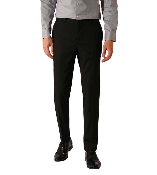 Black Structured Slim Fit Flat Front Trousers