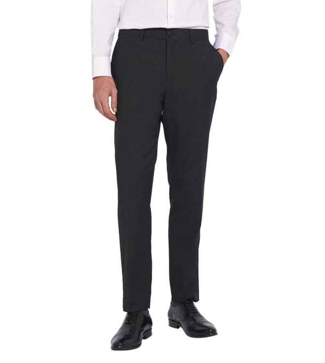 Dark Grey Structured Slim Fit Flat Front Trousers