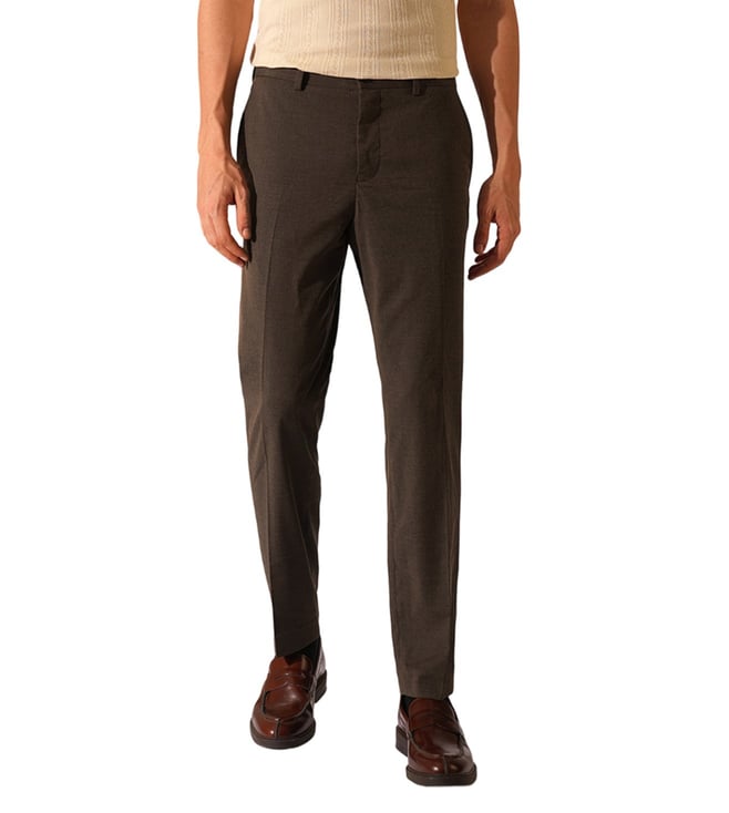 Brown Stone Structured Slim Fit Flat Front Trousers