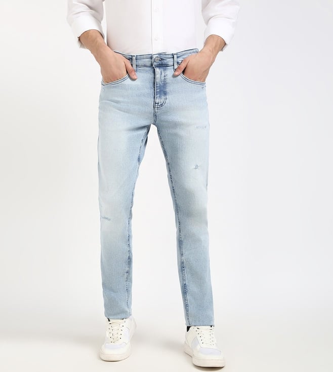 Blue Polyester Slim Fit Solid Jeans