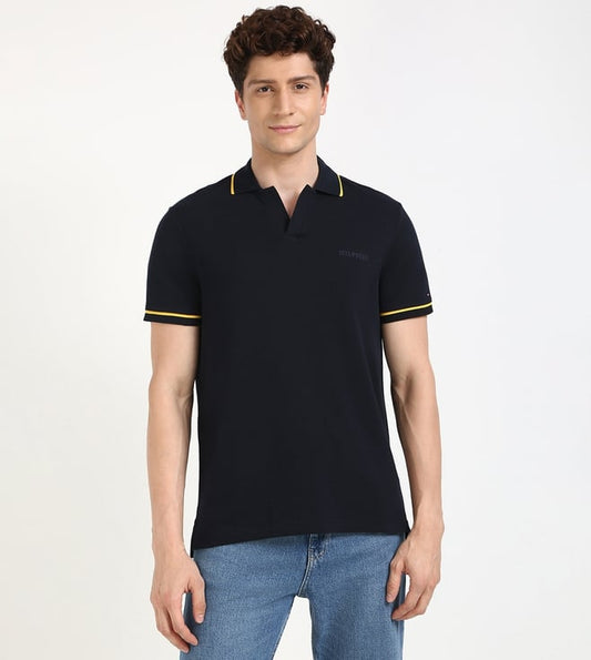 Navy Cotton Regular Fit Solid Polo T-Shirt