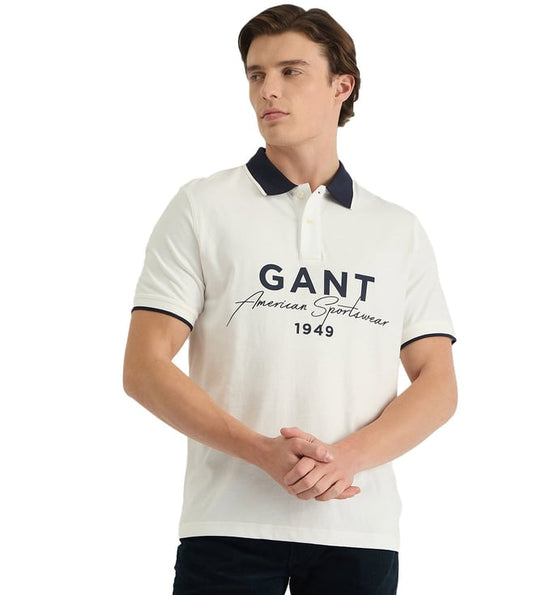 Mens White Printed Polo Collar Short Sleeve T-Shirt