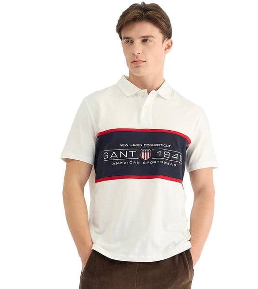 Mens White Polo Collar Short Sleeve Colorblock T-Shirt