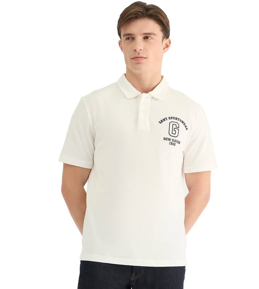 Mens White Polo Collar Short Sleeve Embroidery T-Shirt