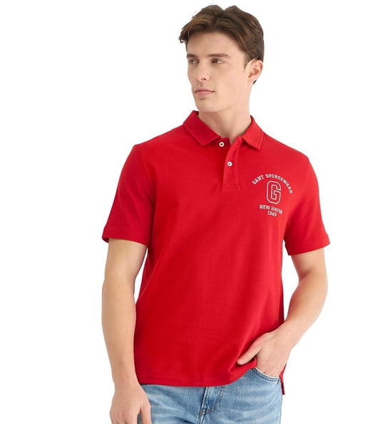 Mens Red Polo Collar Short Sleeve Embroidery T-Shirt