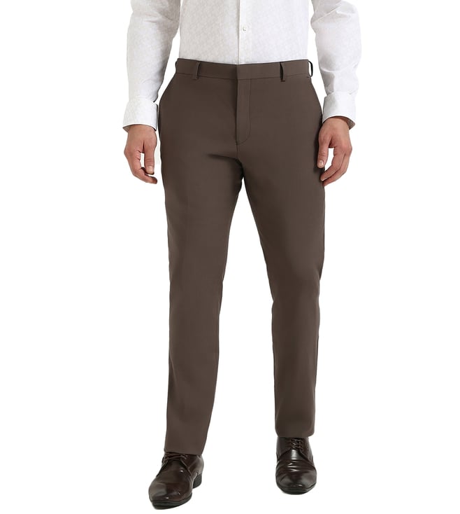 Brown Cotton Regular Fit Solid Trousers