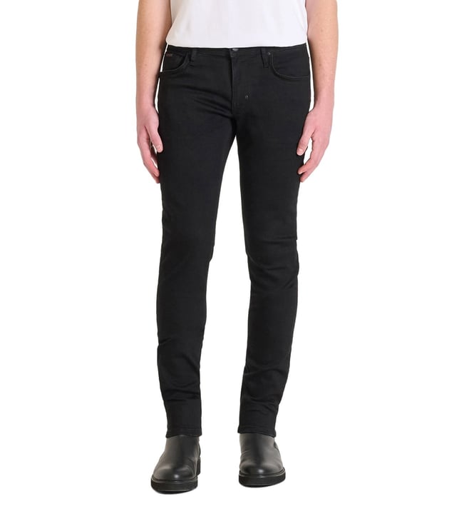 Black Cotton Blend Tapered Fit Solid Jeans