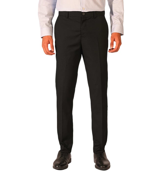 Black Structured Mid rise Slim Fit Flat front Pant