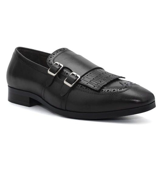 ROSSO BRUNELLO - Black Leather Monk Strap Shoes