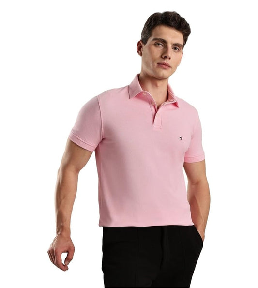 Pink Solid Slim Fit Cotton Polo T-Shirt