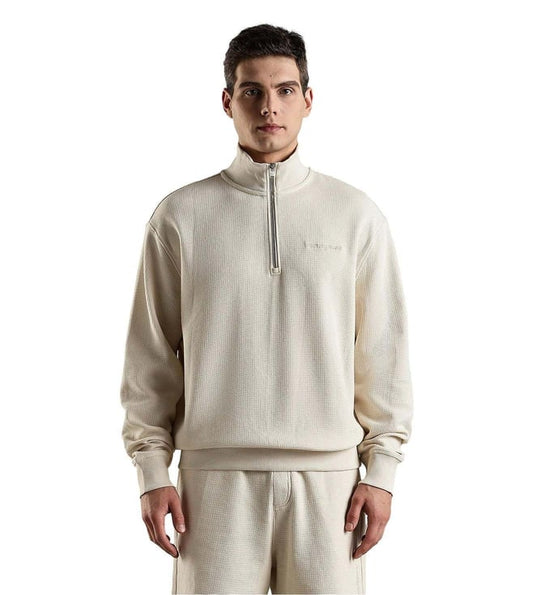 Beige Cotton Comfort Fit Self Pattern Sweatshirt