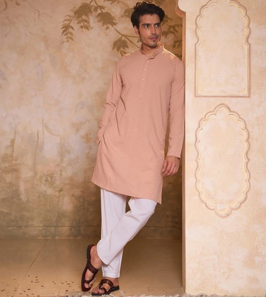 HOUSE OF CHIKANKARI -  Peach Dobby Regular Fit Long Kurta
