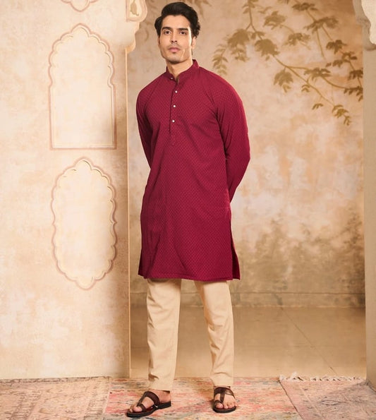 HOUSE OF CHIKANKARI -  Maroon Dobby Regular Fit Long Kurta