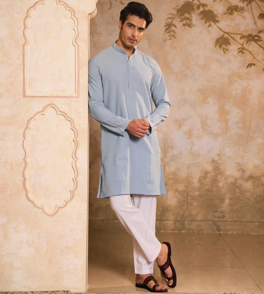 HOUSE OF CHIKANKARI -  Blue Dobby Regular Fit Long Kurta