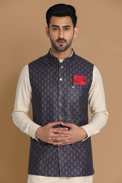 MANYAVAR - Men's Sleeveless Ethnic Jacket Men Printed Nehru Jacket